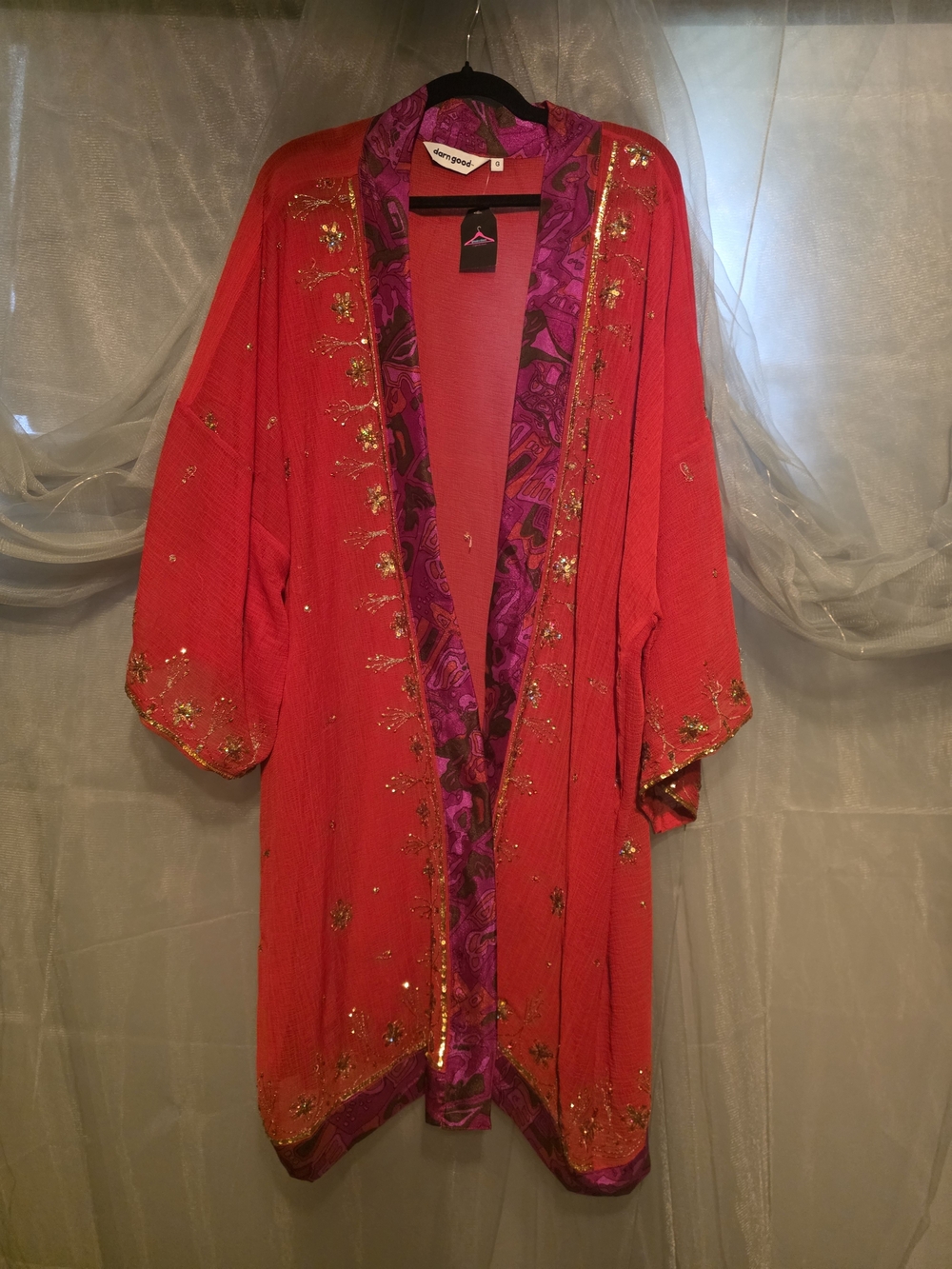 Sequin Embellished Duster Kimono Robe with Purple Trim Size 5X